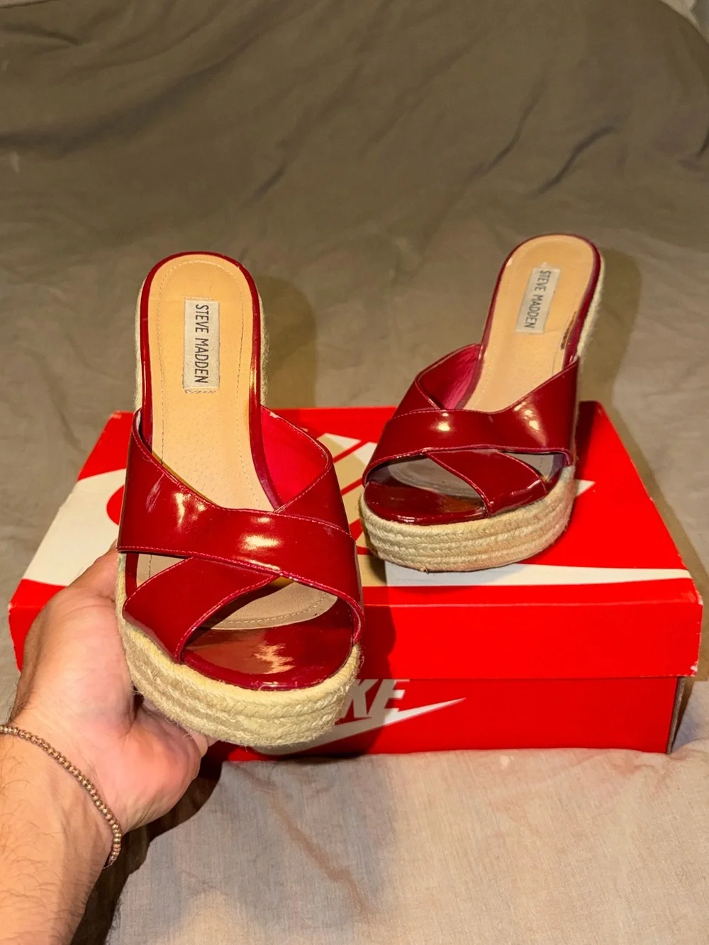 Steve Madden Platform Wedge Sandals Shiny Red & Wilma Natural straw Wicker